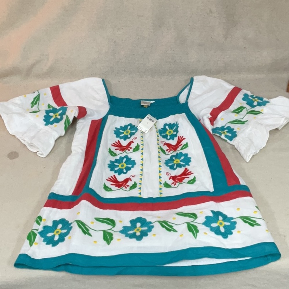 Embroidered White Floral Peasant Top with Teal Trim